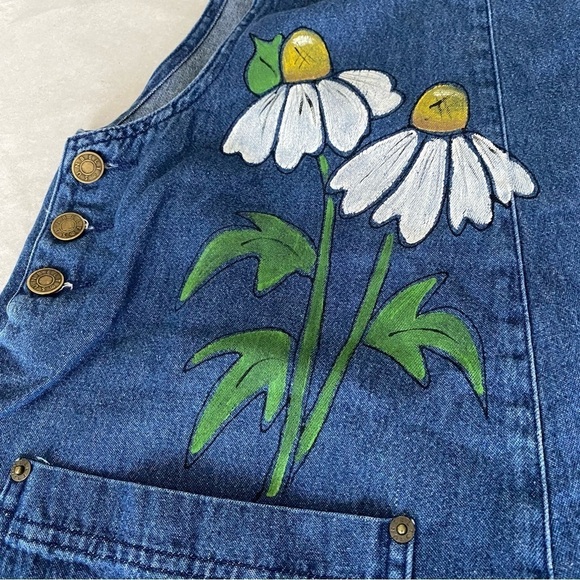 SunBelt Denim overalls Painted white daisies Front pockets Decorative buttons S - Picture 6 of 14